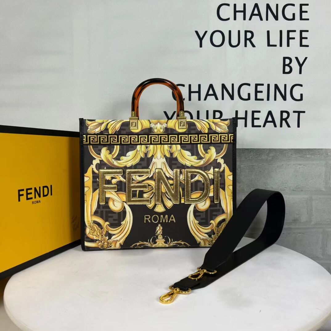 Fendi Sunshine Medium Fendace Printed white leather shopper 8BH386A-3