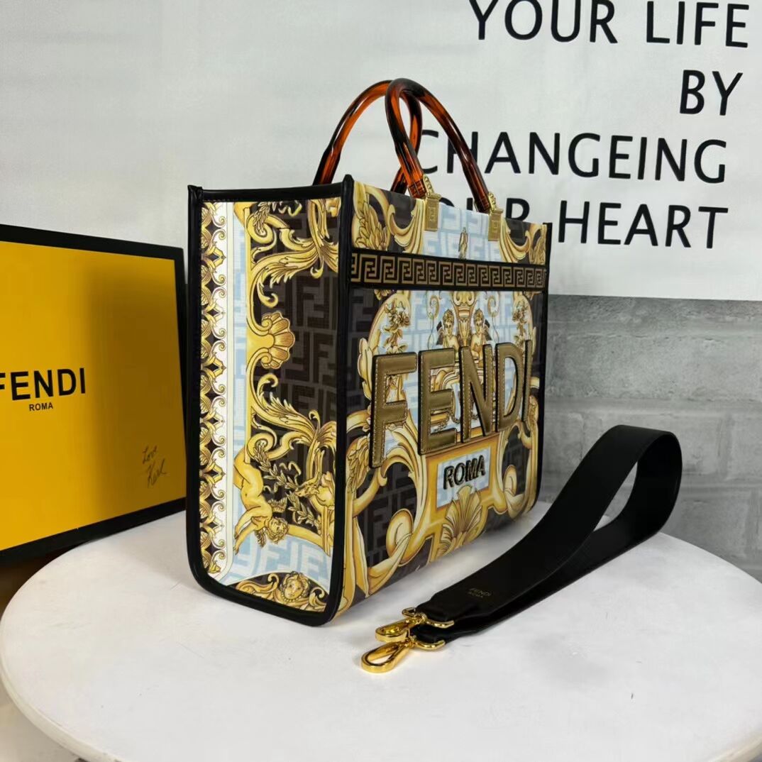 Fendi Sunshine Medium Fendace Printed white leather shopper 8BH386A-2