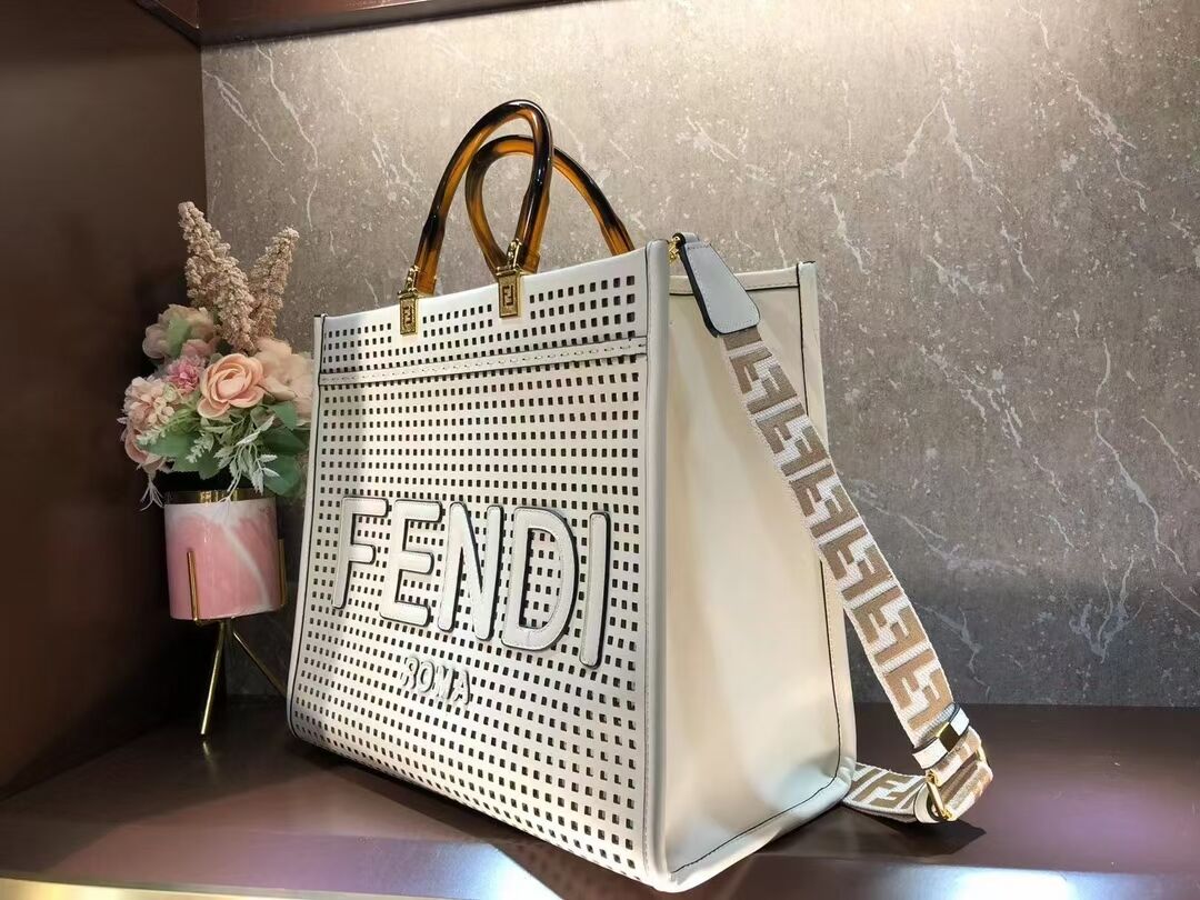 Fendi Sunshine Medium Two-toned perforated leather shopper 8BH386A white