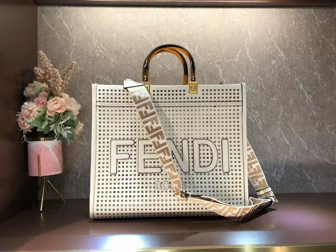 Fendi Sunshine Medium Two-toned perforated leather shopper 8BH386A white