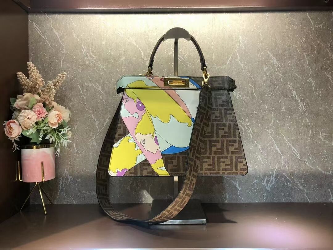 Fendi Peekaboo ISeeU FF printed silk bag F1983 brown