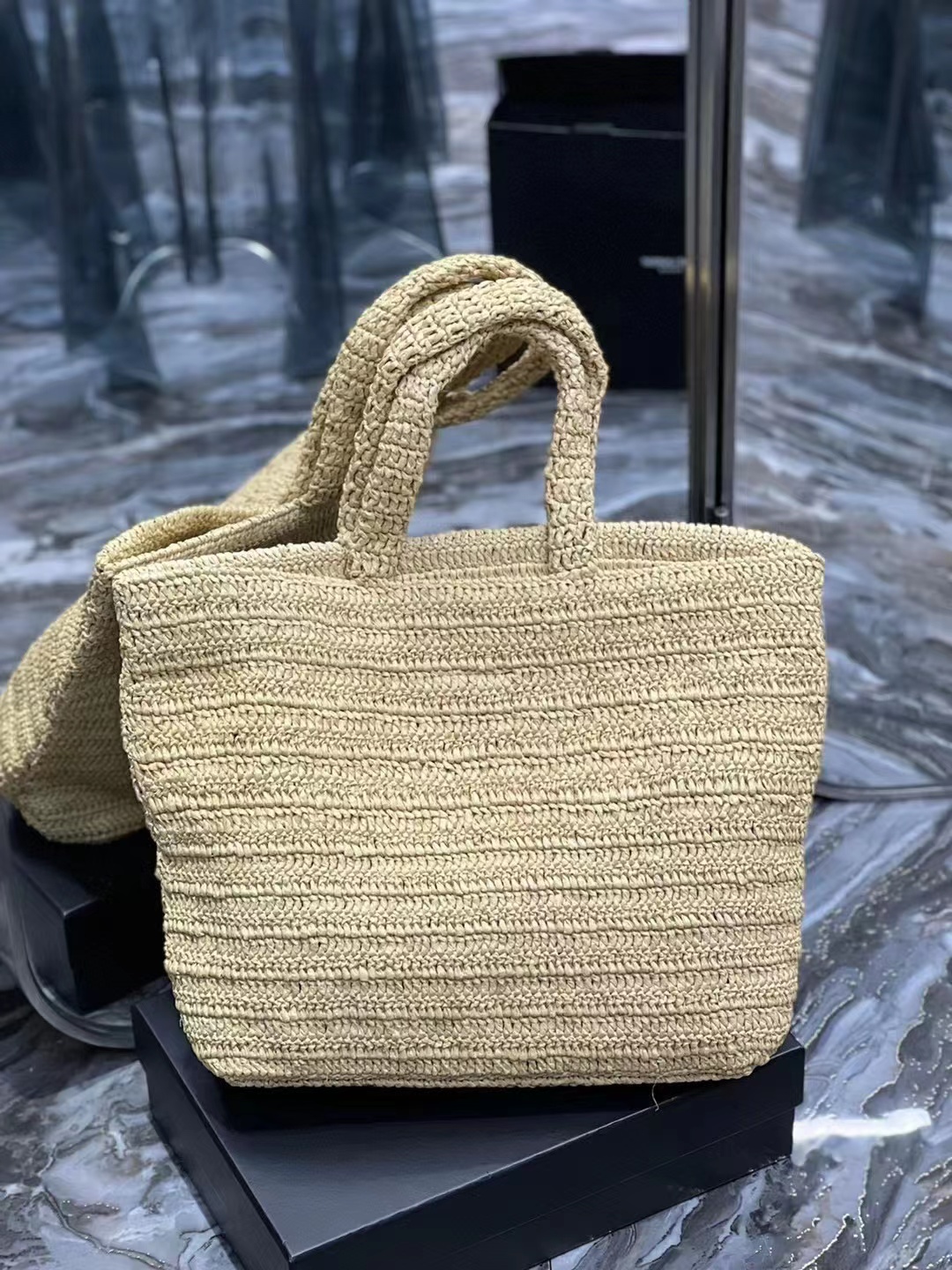 SAINT LAURENT RIVE GAUCHE SUPPLE TOTE BAG IN RAFFIA CROCHET 688864 NATUREL