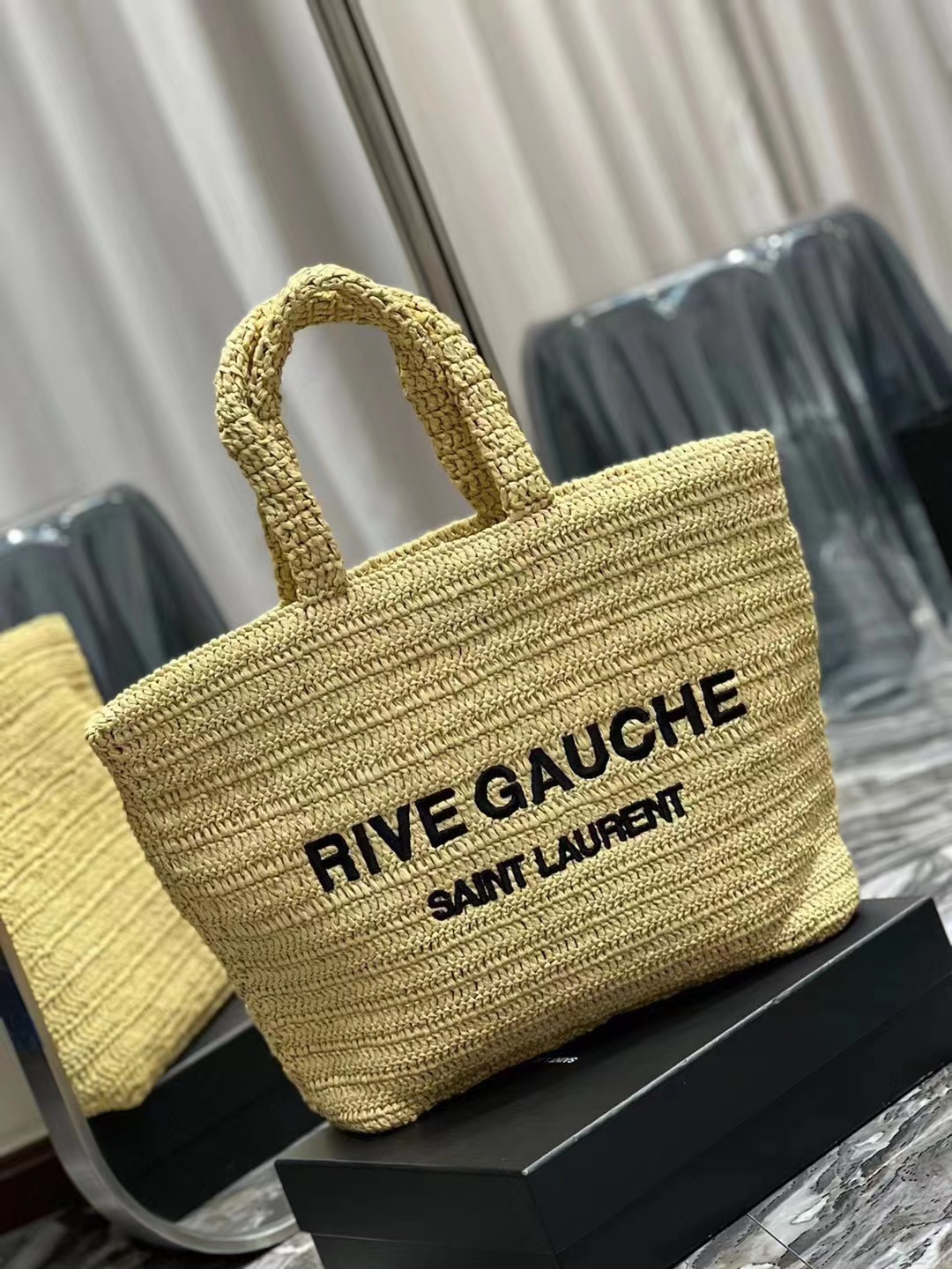 SAINT LAURENT RIVE GAUCHE SUPPLE TOTE BAG IN RAFFIA CROCHET 688864 NATUREL