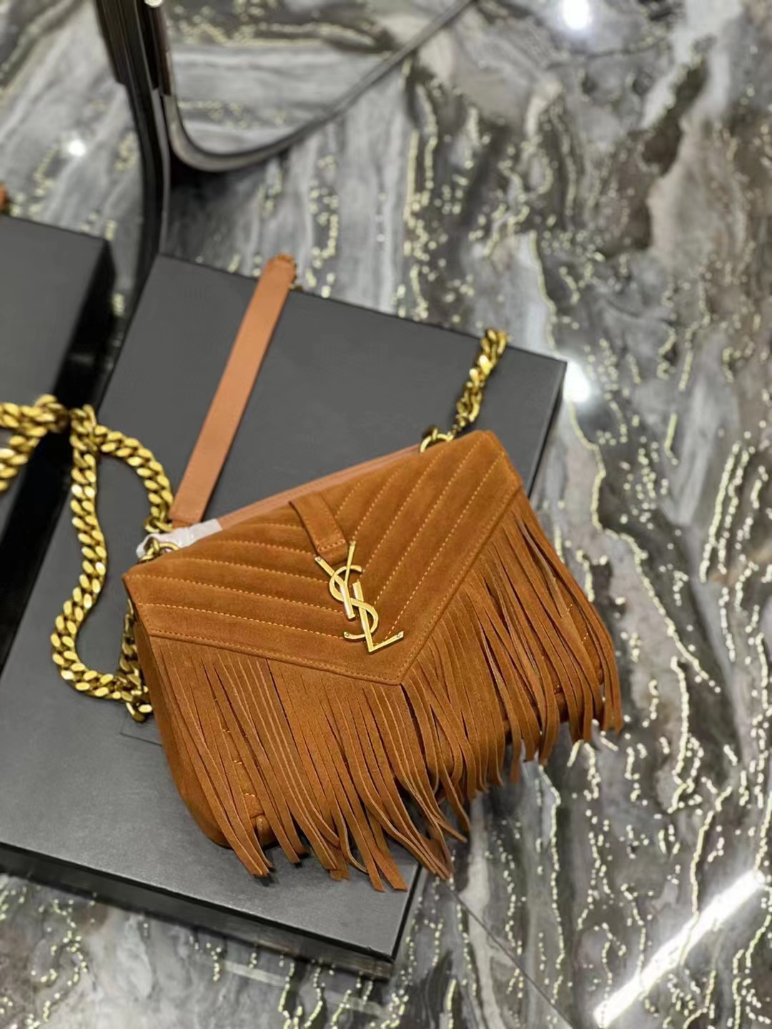 SAINT LAURENT COLLEGE MEDIUM CHAIN BAG IN LIGHT SUEDE WITH FRINGES 5317050 CINNAMON