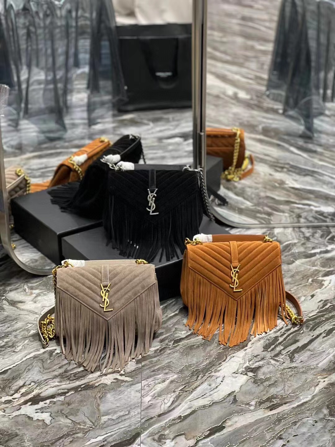 SAINT LAURENT COLLEGE MEDIUM CHAIN BAG IN LIGHT SUEDE WITH FRINGES 5317050 CINNAMON