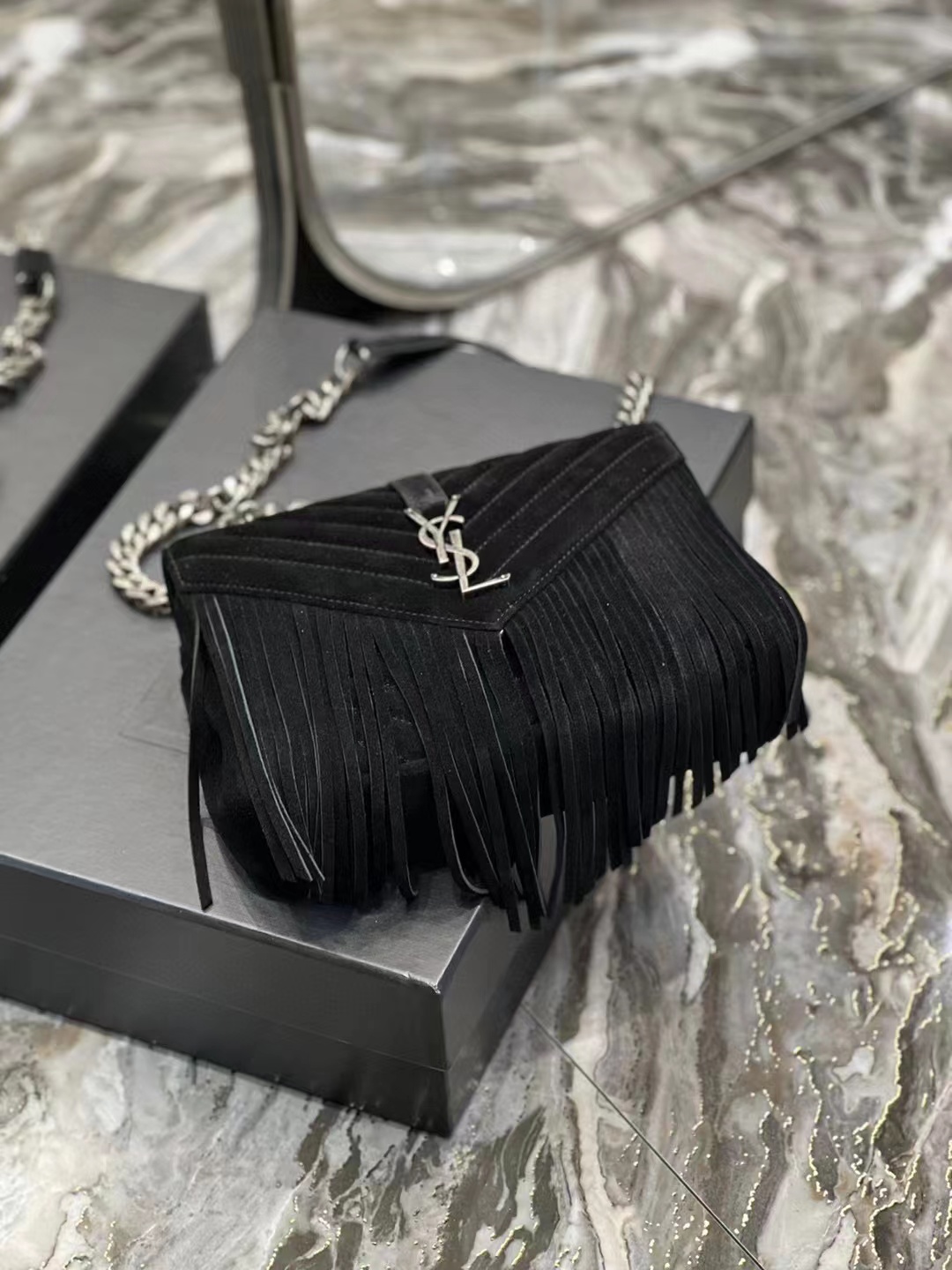 SAINT LAURENT COLLEGE MEDIUM CHAIN BAG IN LIGHT SUEDE WITH FRINGES 5317050 black