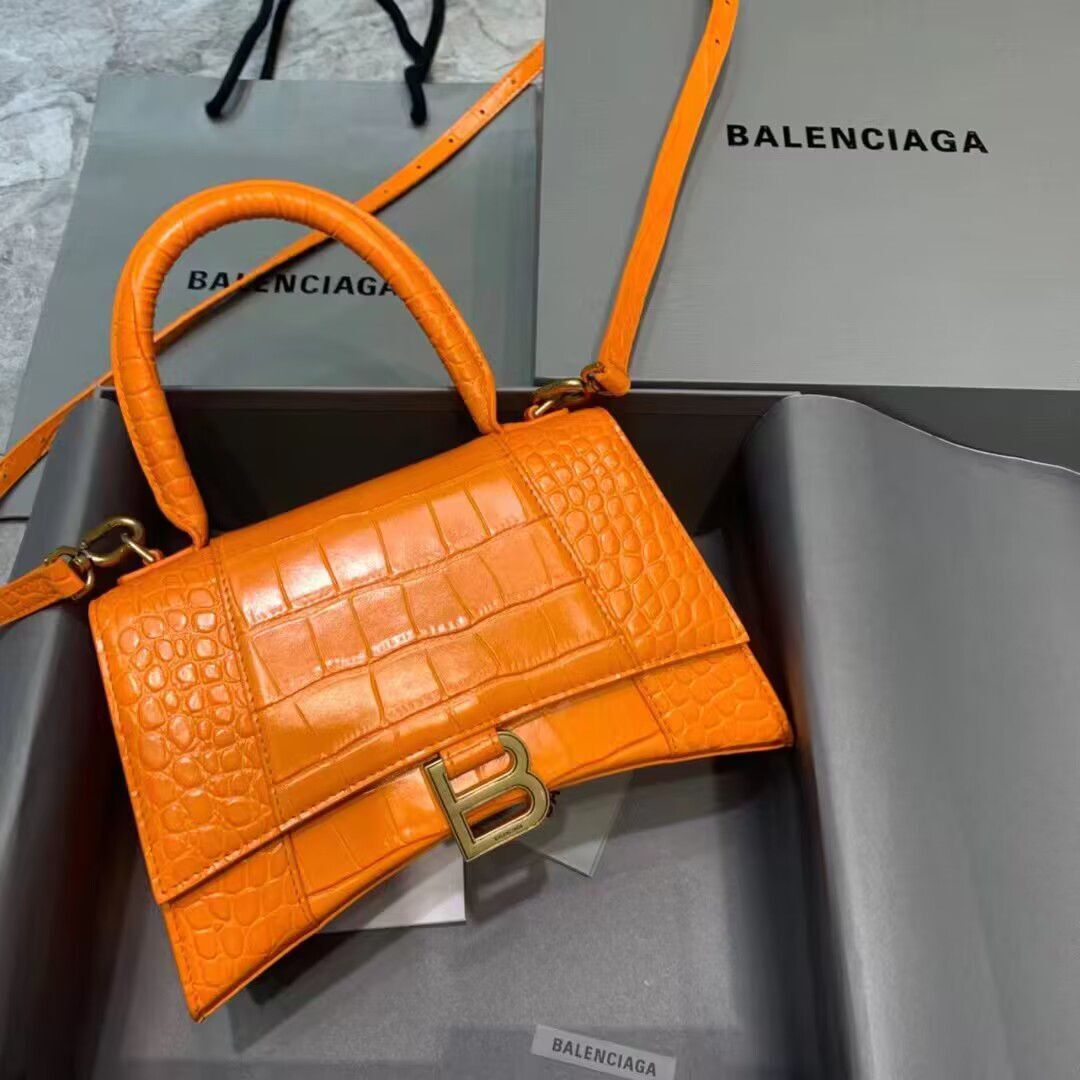 Balenciaga HOURGLASS SMALL TOP HANDLE BAG crocodile embossed calfskin B108895C Orange