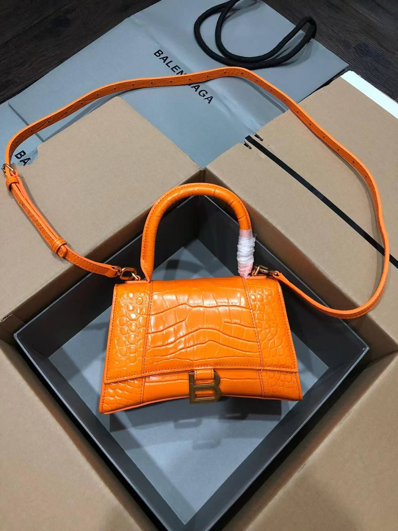 Balenciaga HOURGLASS SMALL TOP HANDLE BAG crocodile embossed calfskin B108895C Orange