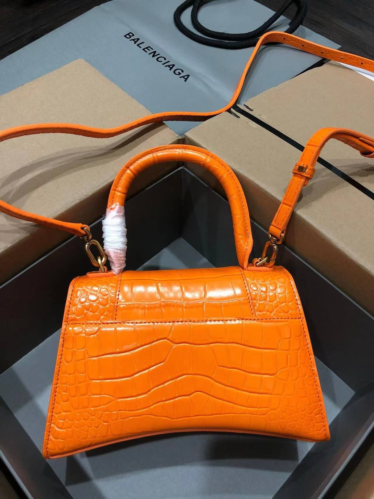 Balenciaga HOURGLASS SMALL TOP HANDLE BAG crocodile embossed calfskin B108895C Orange