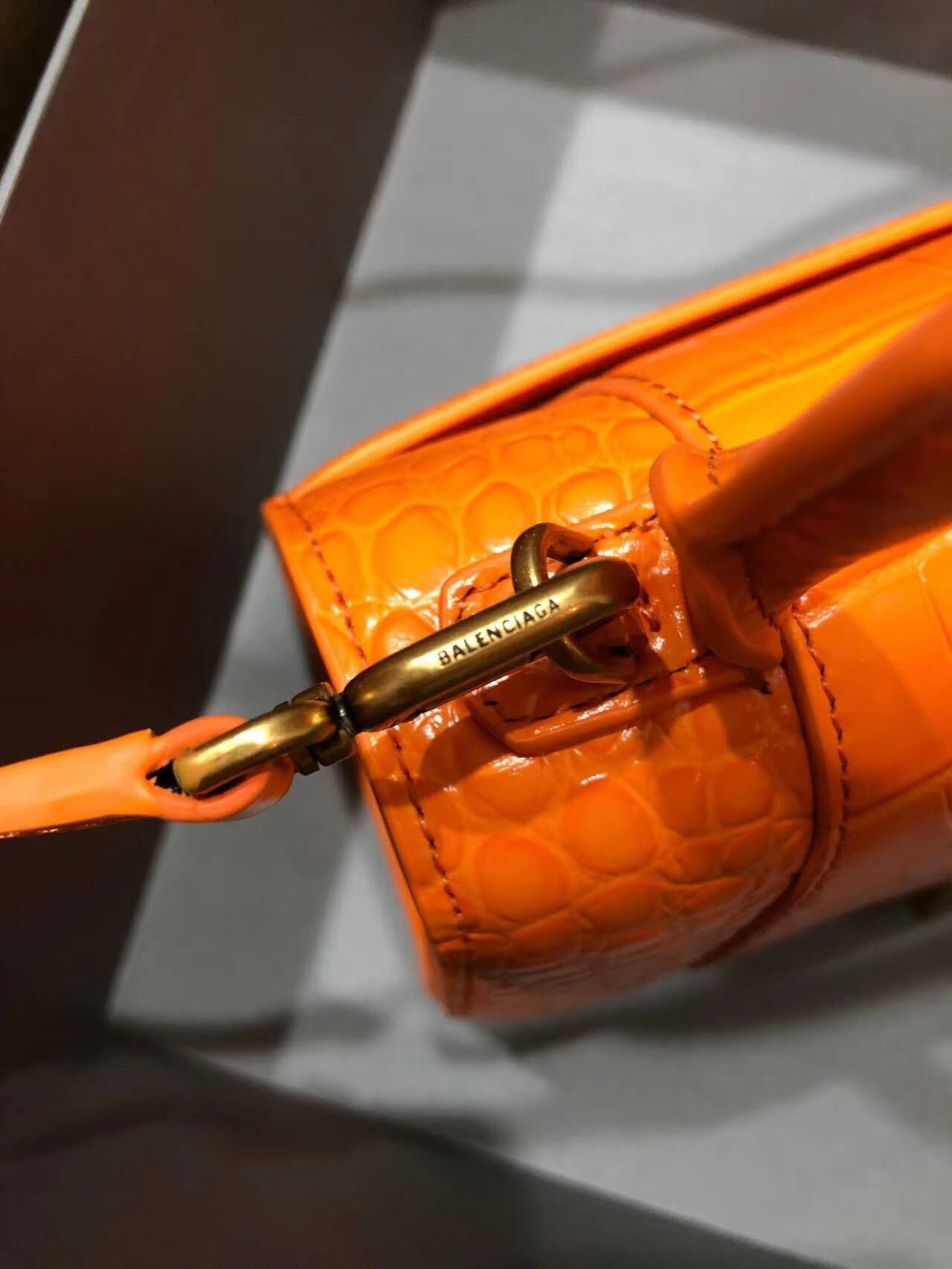 Balenciaga HOURGLASS SMALL TOP HANDLE BAG crocodile embossed calfskin B108895C Orange