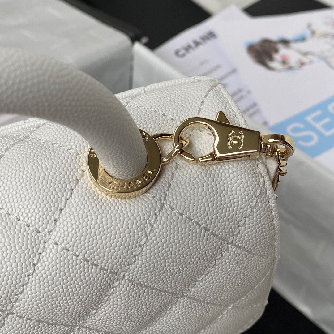 chanel mini flap bag original caviar leather with top handle white AS2215 gold-tone