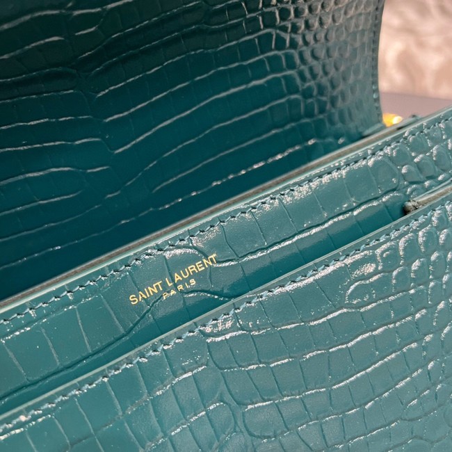 SAINT LAUREN SUNSET MEDIUM CHAIN BAG IN CROCODILE-EMBOSSED SHINY LEATHER 422906 SEA TURQUOISE