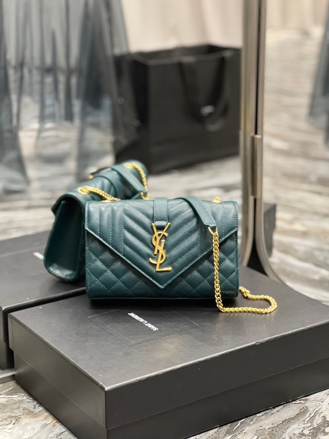 SAINT LAURENT MONOGRAM CHAIN WALLET IN MIX MATELASSE GRAIN DE POUDRE EMBOSSED LEATHER 620280 GREEN