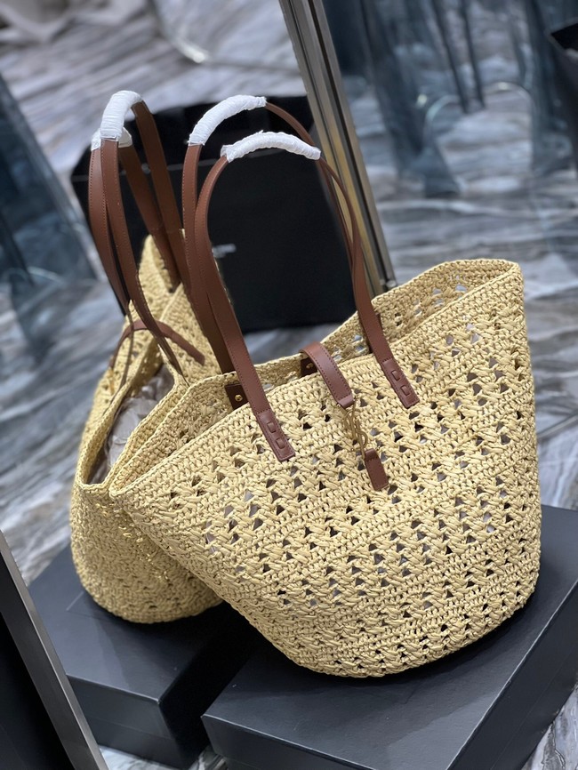 SAINT LAURENT PANIER MEDIUM BAG IN CROCHET RAFFIA AND SMOOTH LEATHER 688221 NATUREL