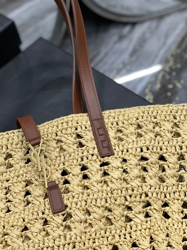 SAINT LAURENT PANIER MEDIUM BAG IN CROCHET RAFFIA AND SMOOTH LEATHER 688221 NATUREL