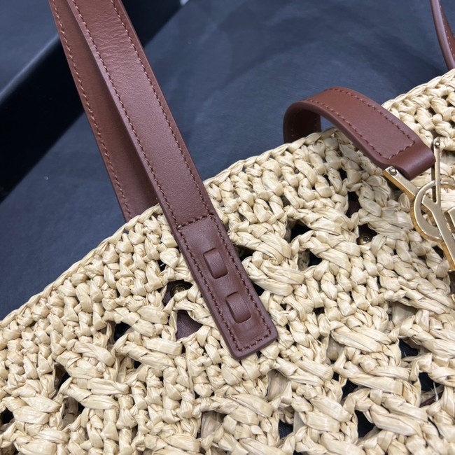 SAINT LAURENT PANIER MEDIUM BAG IN CROCHET RAFFIA AND SMOOTH LEATHER 688221 NATUREL