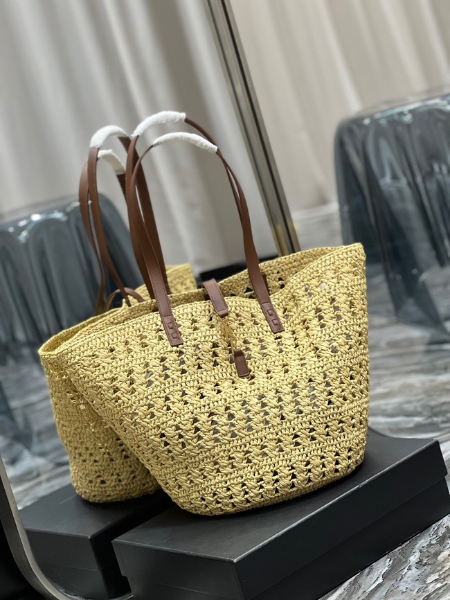 SAINT LAURENT PANIER MEDIUM BAG IN CROCHET RAFFIA AND SMOOTH LEATHER 688221 NATUREL