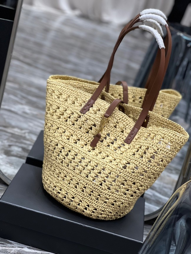 SAINT LAURENT PANIER MEDIUM BAG IN CROCHET RAFFIA AND SMOOTH LEATHER 688221 NATUREL