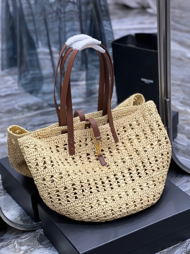 SAINT LAURENT PANIER MEDIUM BAG IN CROCHET RAFFIA AND SMOOTH LEATHER 688221 NATUREL