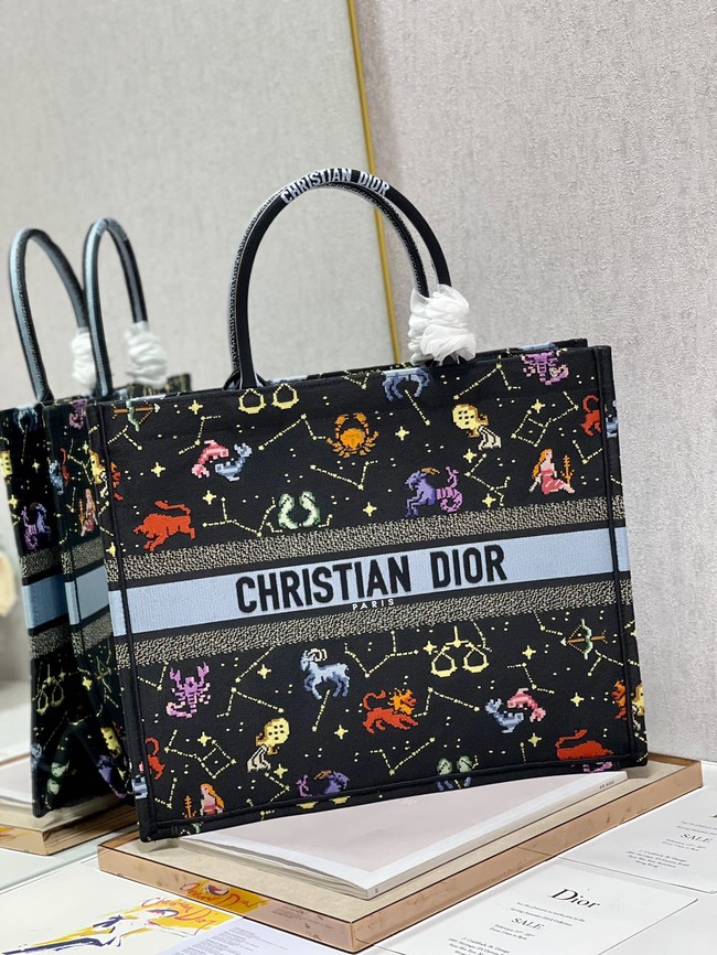 LARGE DIOR BOOK TOTE Black Multicolor Dior Pixel Zodiac Embroidery M1286ZRTY