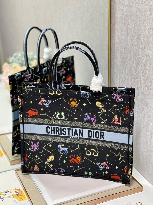 LARGE DIOR BOOK TOTE Black Multicolor Dior Pixel Zodiac Embroidery M1286ZRTY