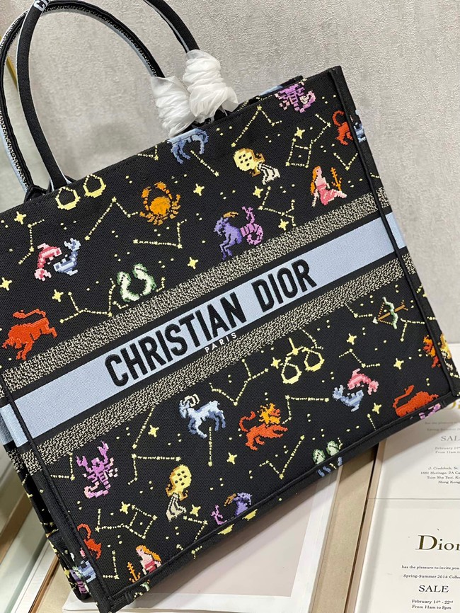 LARGE DIOR BOOK TOTE Black Multicolor Dior Pixel Zodiac Embroidery M1286ZRTY