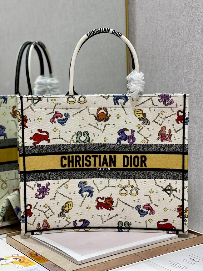 LARGE DIOR BOOK TOTE Latte Multicolor Dior Pixel Zodiac Embroidery M1286ZRTY