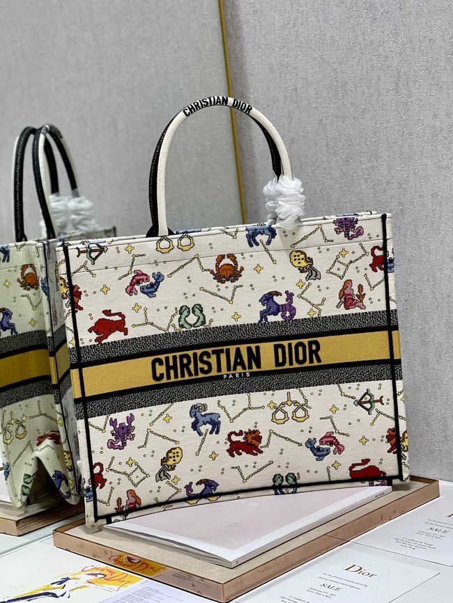 LARGE DIOR BOOK TOTE Latte Multicolor Dior Pixel Zodiac Embroidery M1286ZRTY