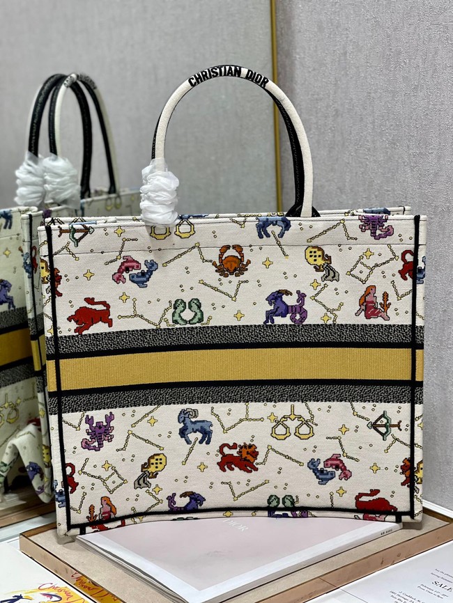 LARGE DIOR BOOK TOTE Latte Multicolor Dior Pixel Zodiac Embroidery M1286ZRTY