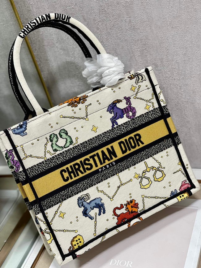 SMALL DIOR BOOK TOTE Latte Multicolor Dior Pixel Zodiac Embroidery M1265ZRTY