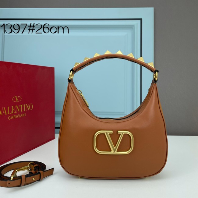 VALENTINO GARAVANI STUD SIGN Calf Leather Hobo bag 1W2B0K69 Caramel