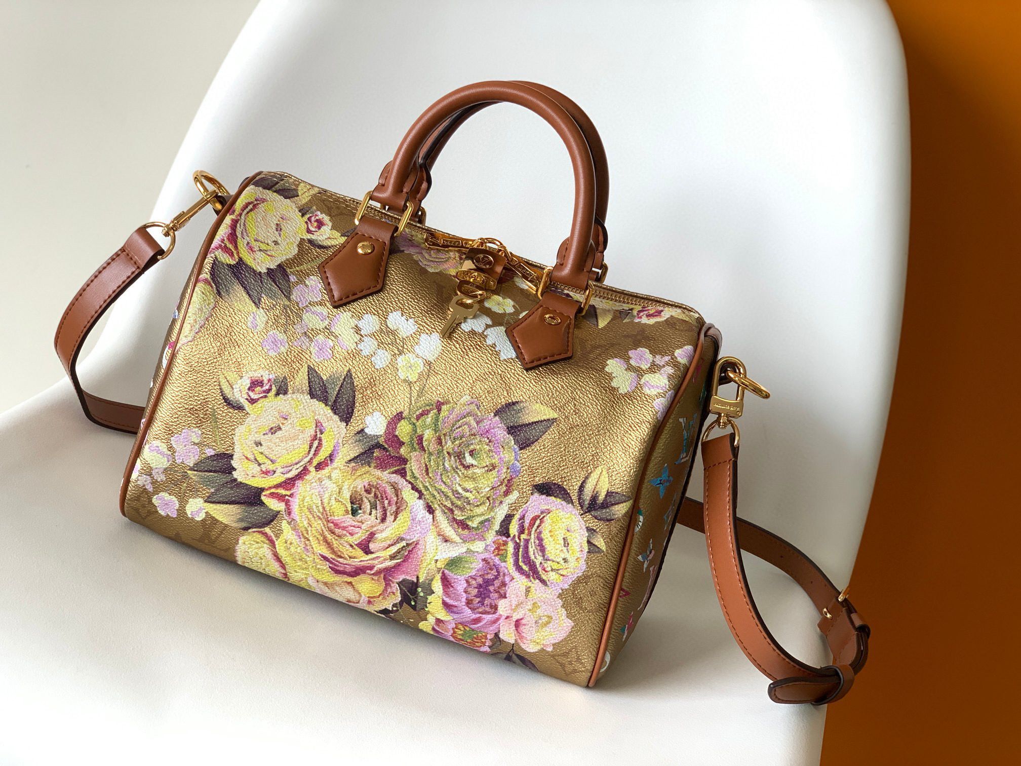 Louis Vuitton Monogram Empreinte Speedy 25 Original Leather Bag MM M21317 Gold Flower