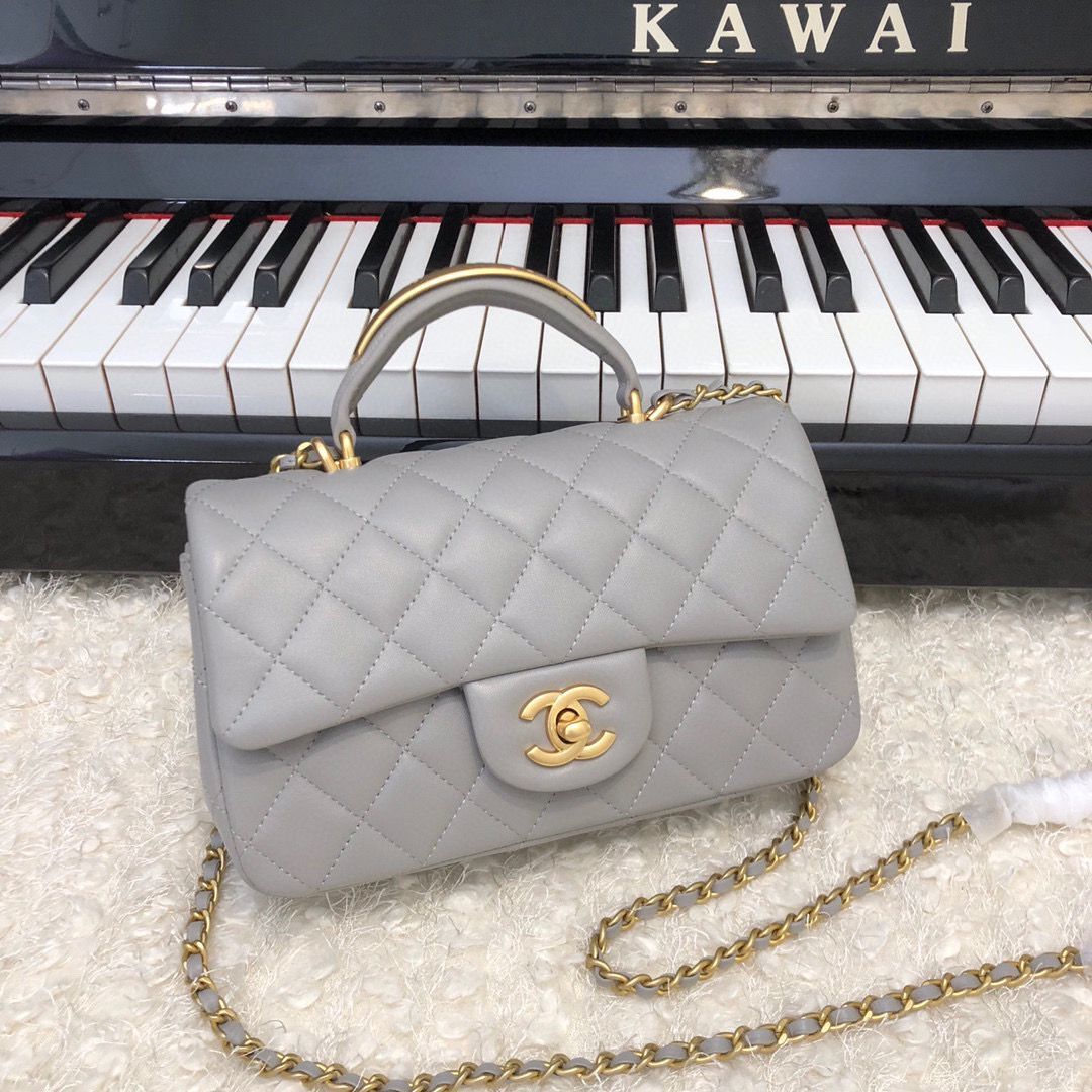 CHANEL 22B mini CF flap bag with Gold hardware top handle AS2431 Gray