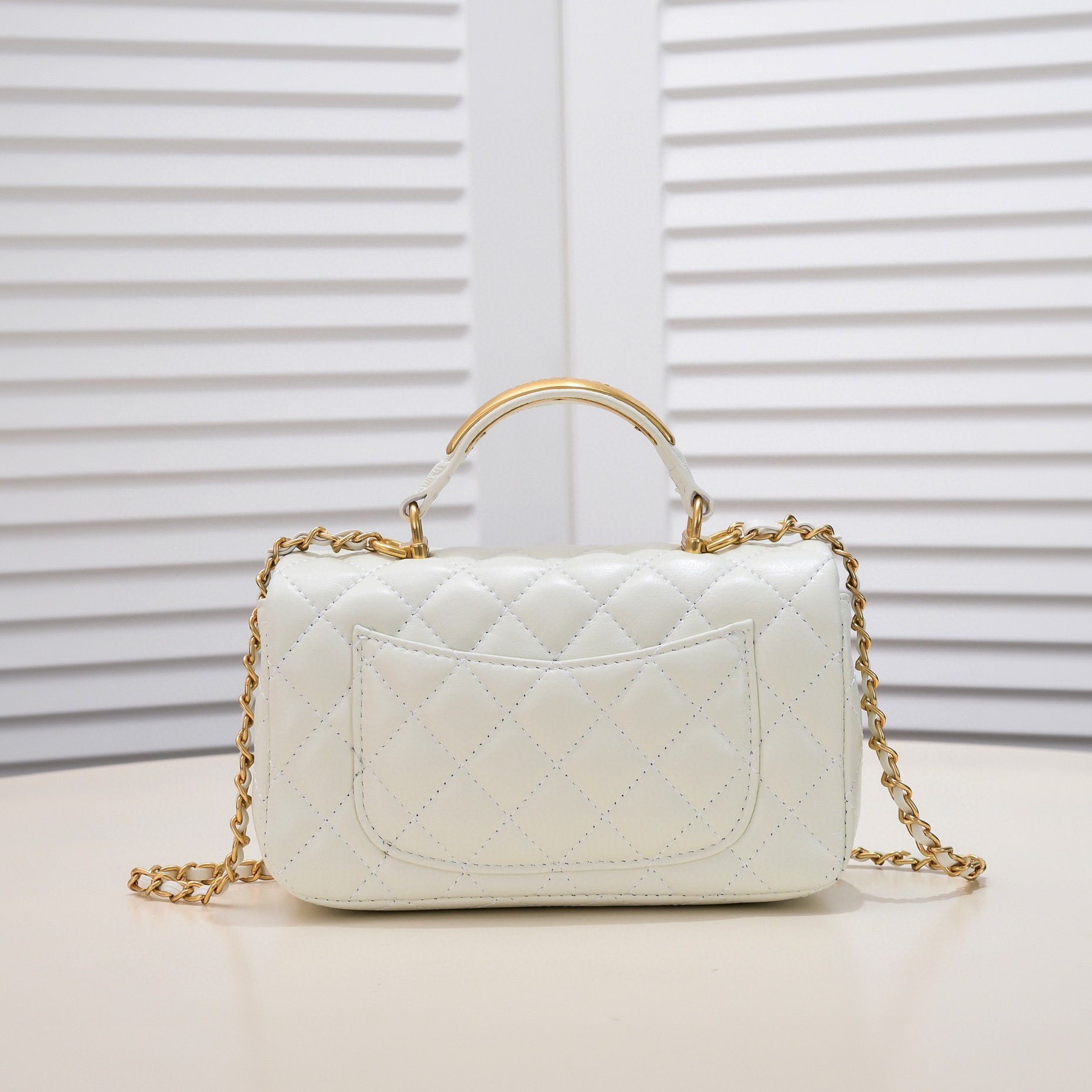 CHANEL 22B mini CF flap bag with Gold hardware top handle AS2431 White