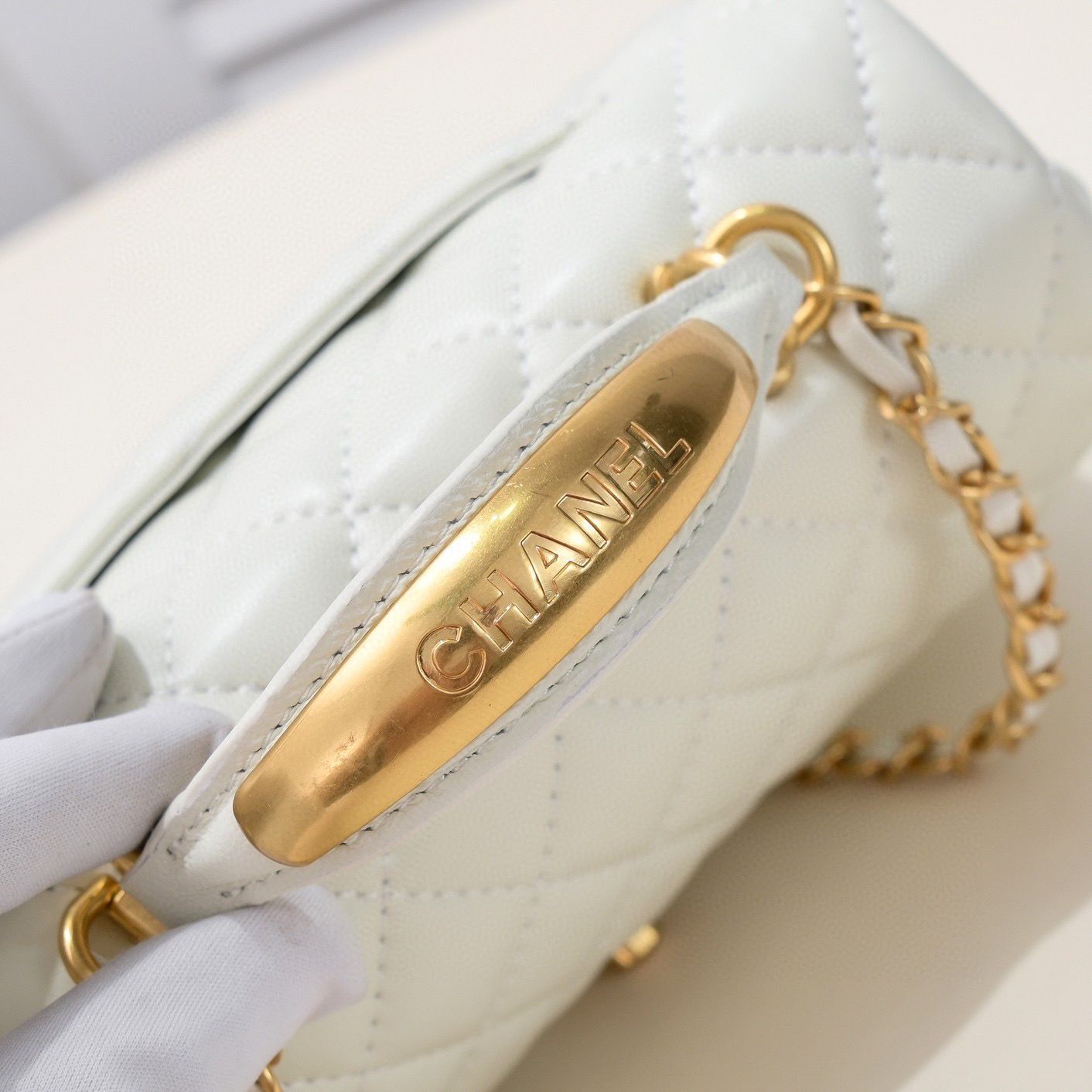 CHANEL 22B mini CF flap bag with Gold hardware top handle AS2431 White