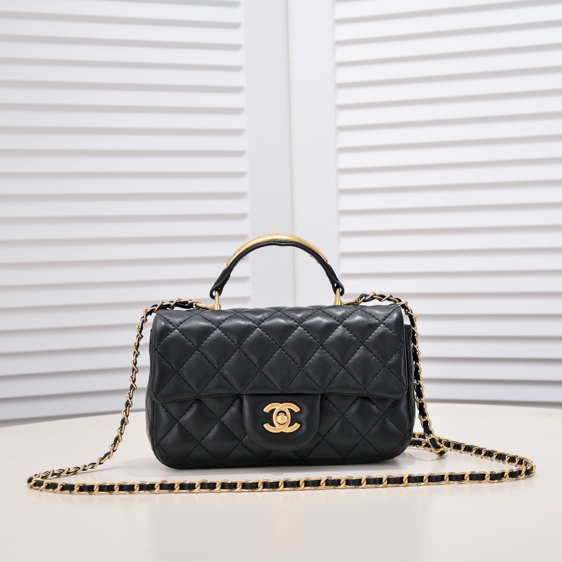 CHANEL 22B mini CF flap bag with Gold hardware top handle AS2431 Black