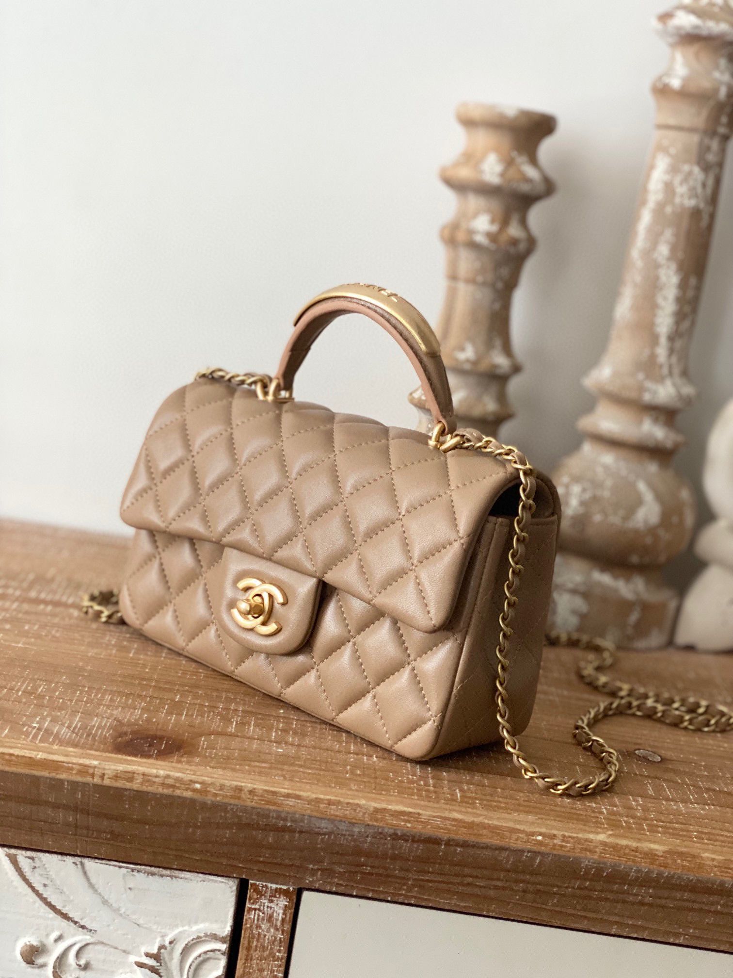 CHANEL 22B  mini flap bag with Gold hardware top handle AS2431 Khaki