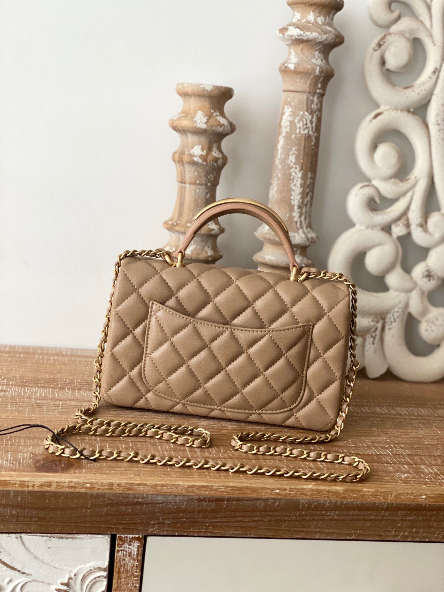 CHANEL 22B  mini flap bag with Gold hardware top handle AS2431 Khaki