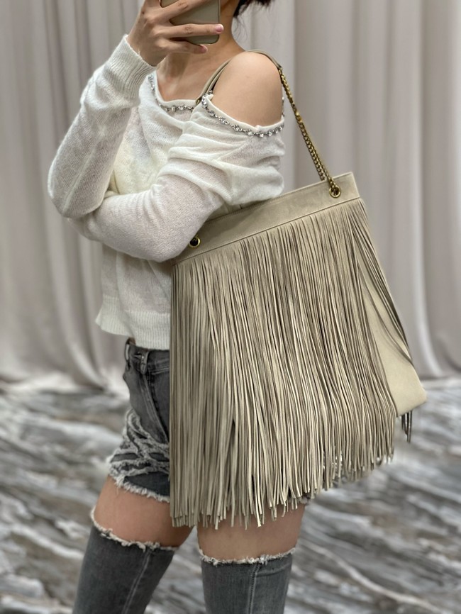 SAINT LAURENT MEDIUM CHAIN BAG IN LIGHT SUEDE WITH FRINGES 633752 BEIGE