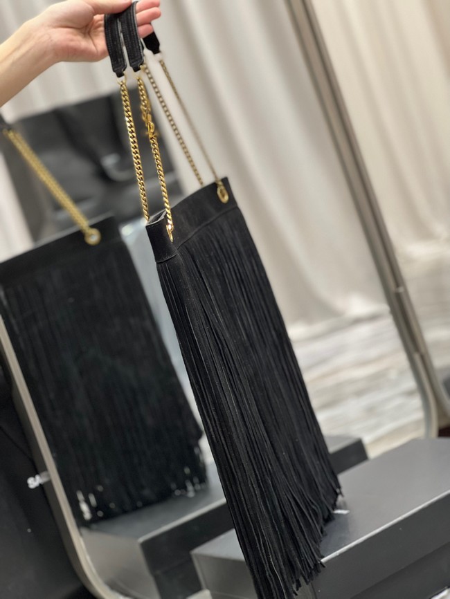 SAINT LAURENT MEDIUM CHAIN BAG IN LIGHT SUEDE WITH FRINGES 633752 BLACK