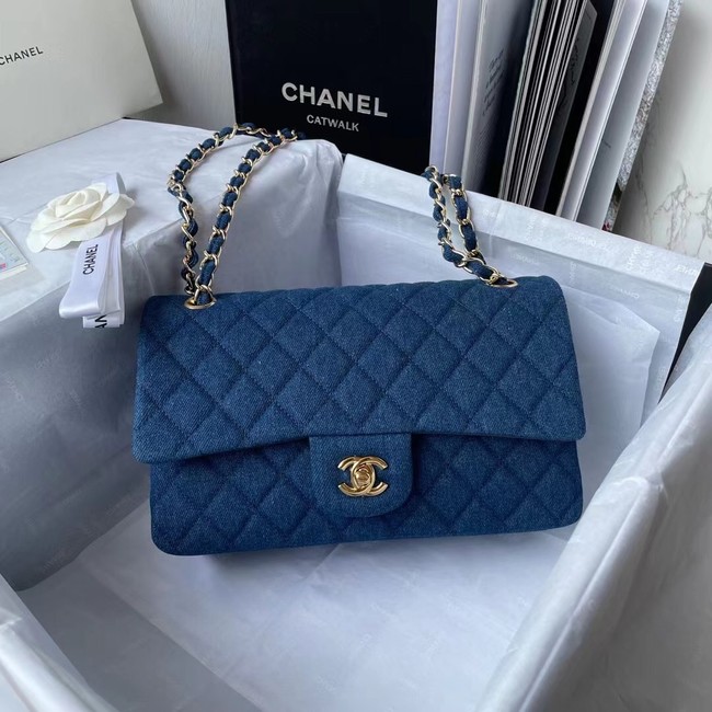 CHANEL CLASSIC HANDBAG Printed Denim & Gold-Tone Metal 1112 BLUE