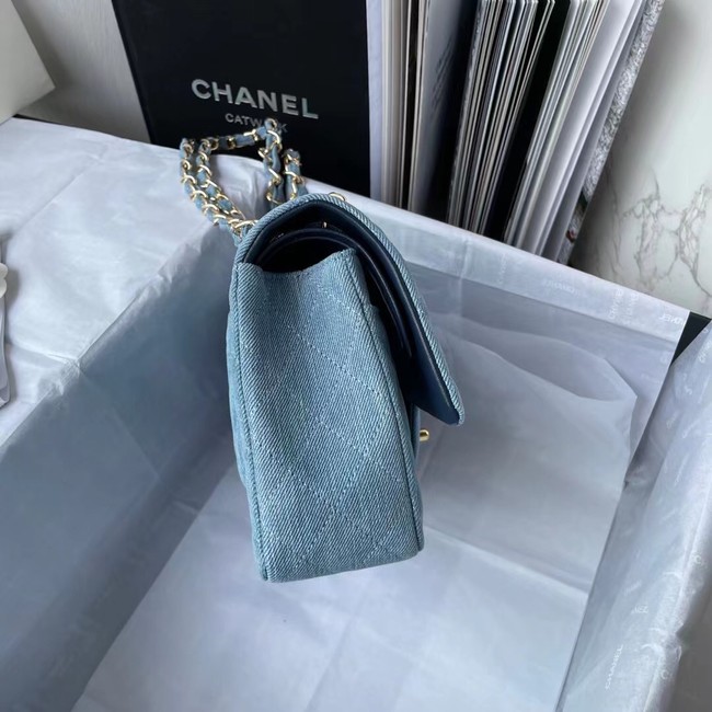 CHANEL CLASSIC HANDBAG Printed Denim & Gold-Tone Metal 1112 Light Blue