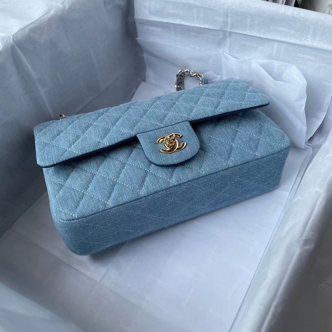 CHANEL CLASSIC HANDBAG Printed Denim & Gold-Tone Metal 1112 Light Blue