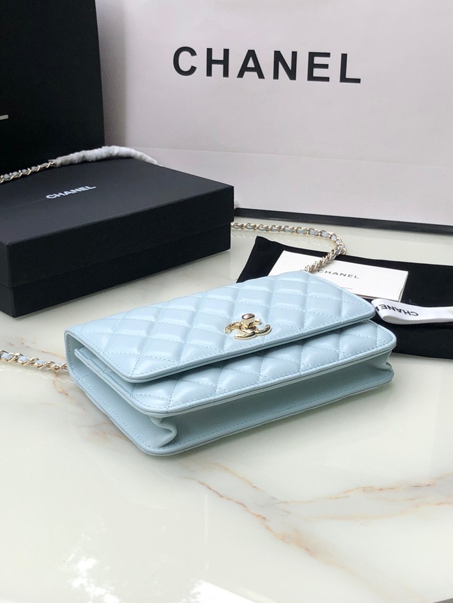 CHANEL WALLET ON CHAIN Lambskin & light Gold-Tone Metal 80892 light blue