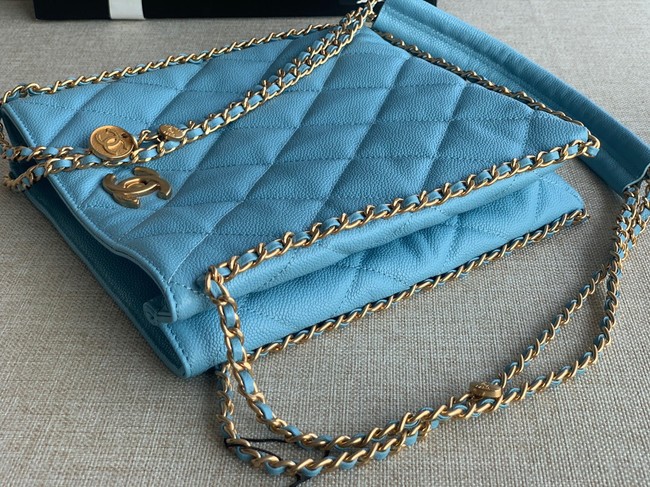 Chanel SMALL SHOPPING BAG Grained Calfskin & Gold-Tone Metal AS3470 light blue