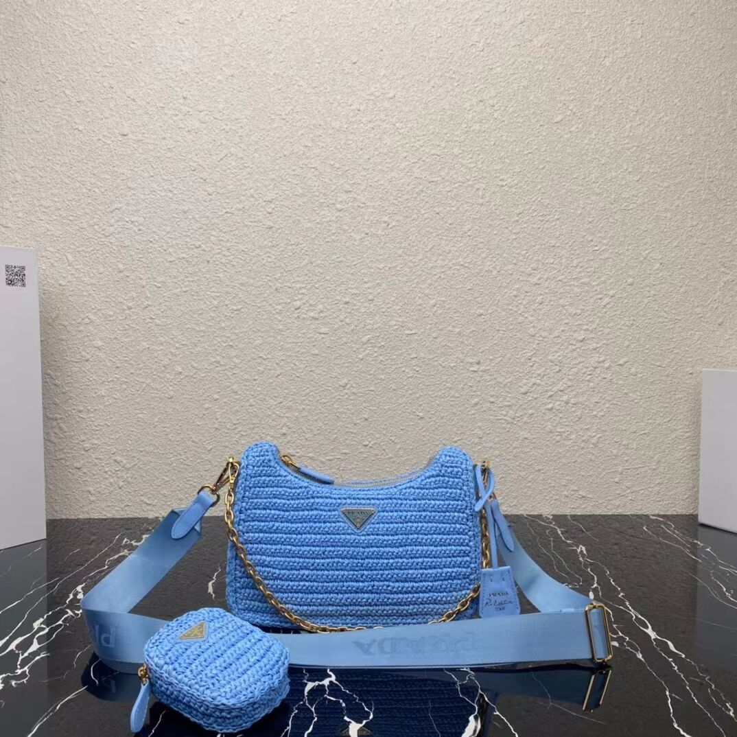 Prada Re-Edition 2005 raffia bag 1BH204 sky blue