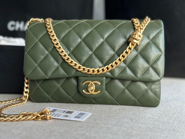 CHANEL FLAP BAG Lambskin & Gold-Tone Metal AS3609 green