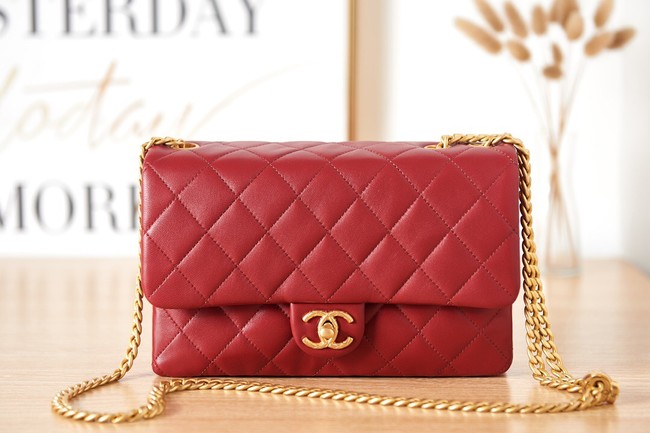 CHANEL FLAP BAG Lambskin & Gold-Tone Metal AS3609 red