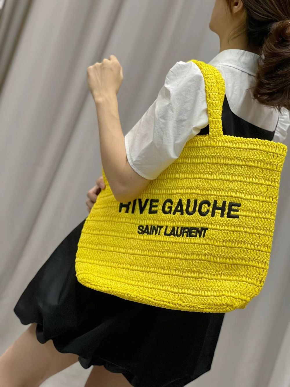 SAINT LAURENT RIVE GAUCHE SUPPLE TOTE BAG IN RAFFIA CROCHET 688864 yellow