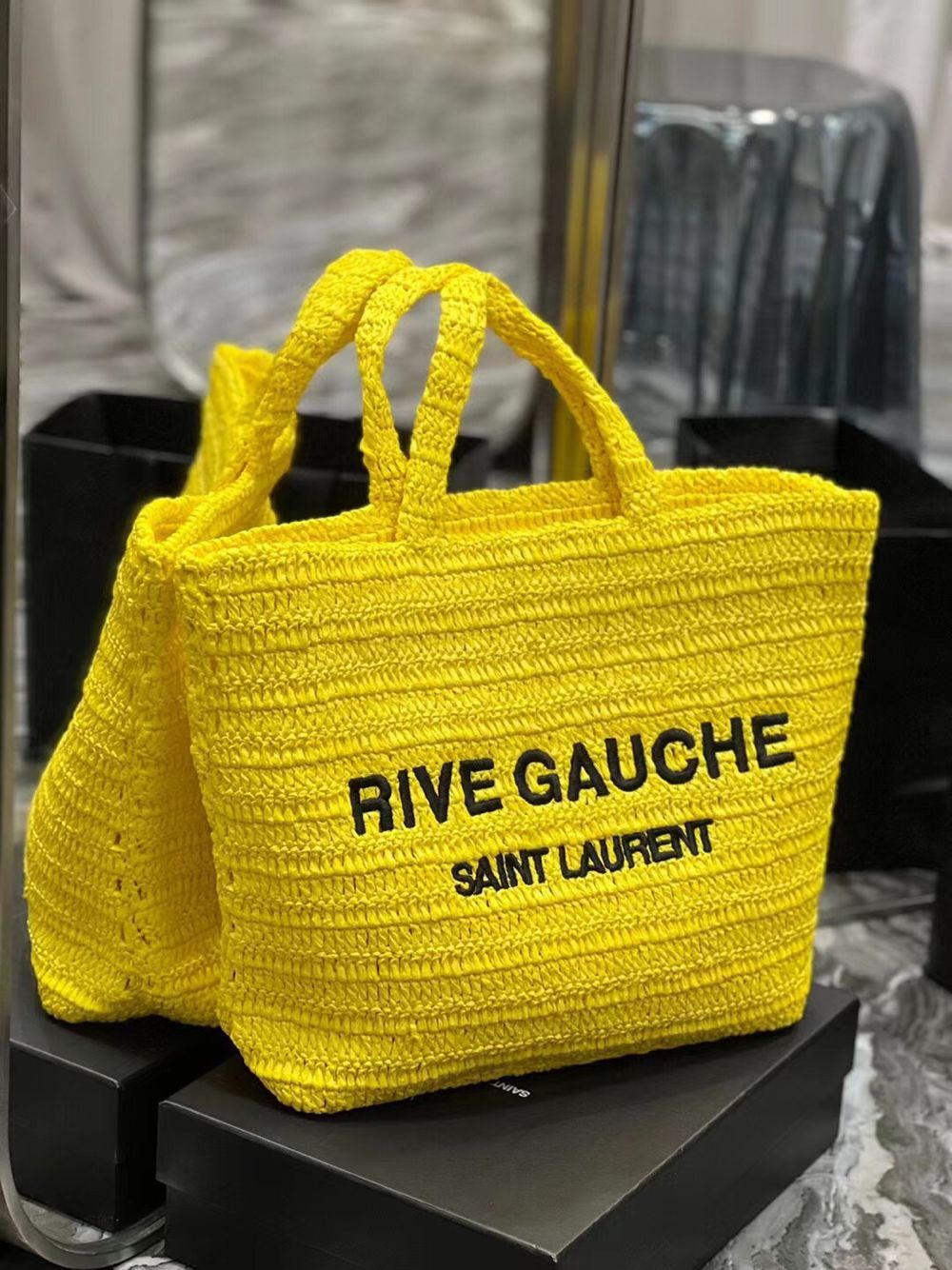 SAINT LAURENT RIVE GAUCHE SUPPLE TOTE BAG IN RAFFIA CROCHET 688864 yellow